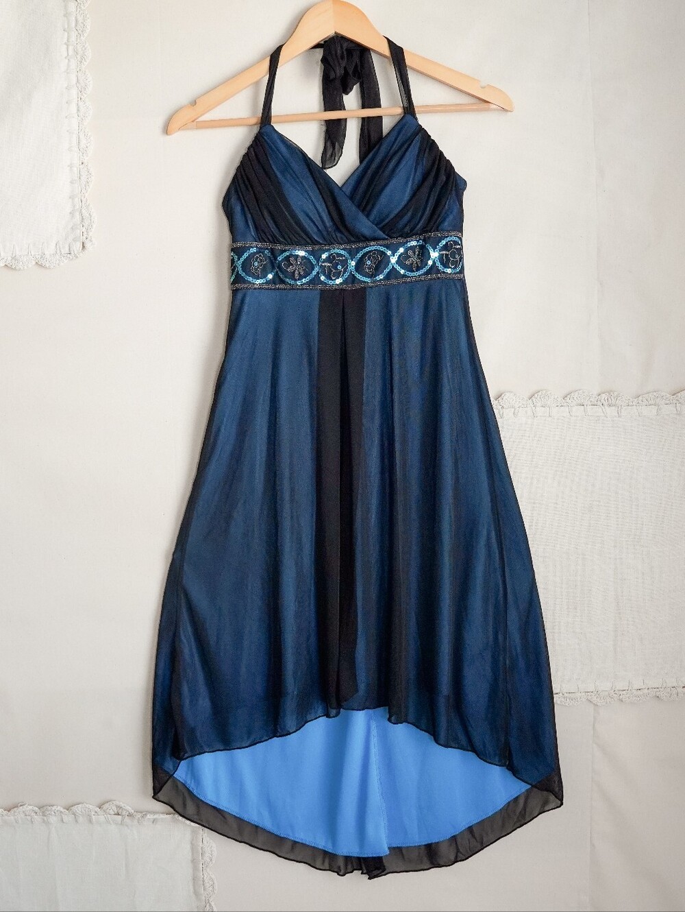 Jodi Kristopher Blue Black Sequin Halter High Low Dress Women's Small